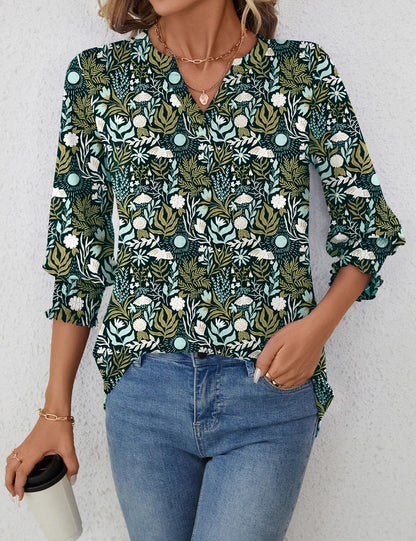 LOMON Blouses for Women Dressy Casual 3/4 Sleeve Tops for Women V Neck T Shirt Ladies Tops and Blouses Orange Blue Print L