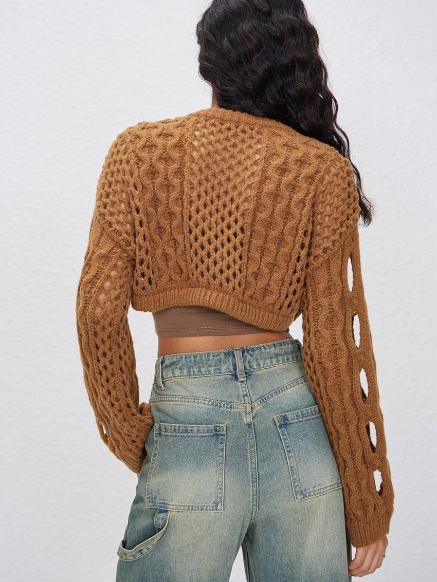 CIDER Cropped Sweaters for Women Knit Round Neckline Hollow Out Long Sleeve Crop Top Sweaters