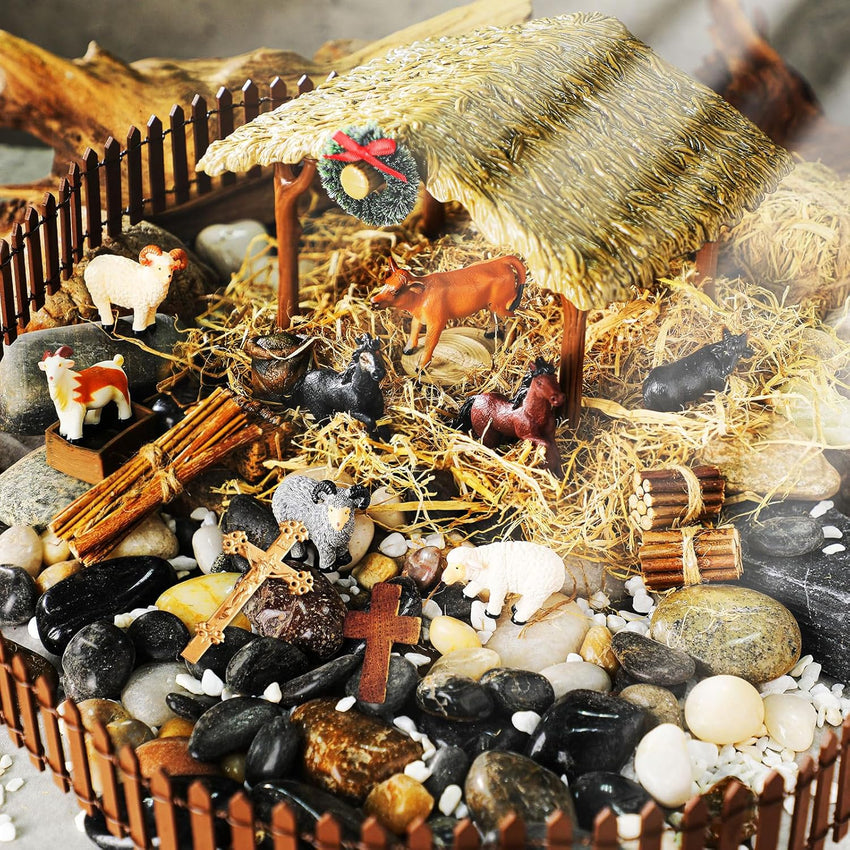 Thyle 20 Pcs Christmas Nativity Scene Manger Shed Kits Miniature Stable for Christmas Nativity Table Top Decor Including Thatched Roof, Fence, Farm Animals, Hay Bales & Tools Firewood Pile Cow