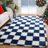 KICMOR Navy Blue and Cream White Rugs for Living Room, 4x6 Fluffy Fuzzy Shag Checkered Rug Shaggy Carpet for Bedroom, Soft Plush Area Rug for Nursery Toddler Room Classroom Study Room Kids Room