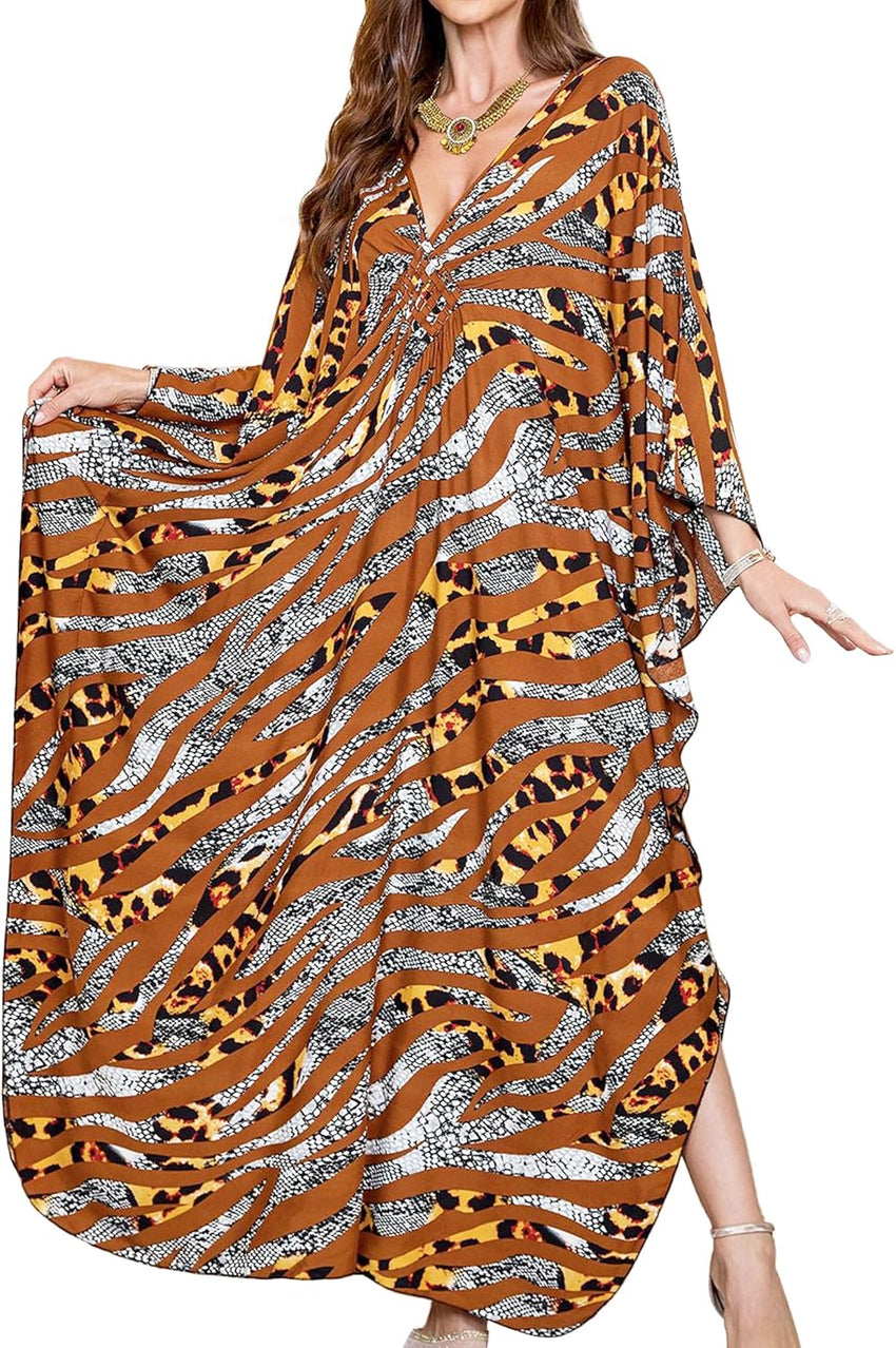 Women Kaftan Dresses Plus Size V-Neck Batwing Sleeves Beach Cover Up 2025 Summer Floral Print Caftan Dress