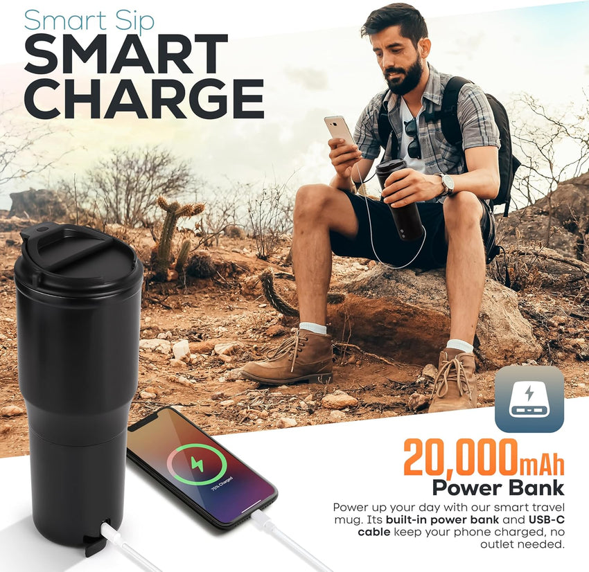 TITAN Heated Coffee Mug, 15 oz. 15 Hour Battery Life, Self-Heating, Battery Powered, Adjustable Temperature, LCD Screen, Portable Charger, Great for Coffee and Tea Lovers (Black)