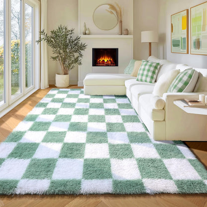 KICMOR Navy Blue and Cream White Rugs for Living Room, 4x6 Fluffy Fuzzy Shag Checkered Rug Shaggy Carpet for Bedroom, Soft Plush Area Rug for Nursery Toddler Room Classroom Study Room Kids Room