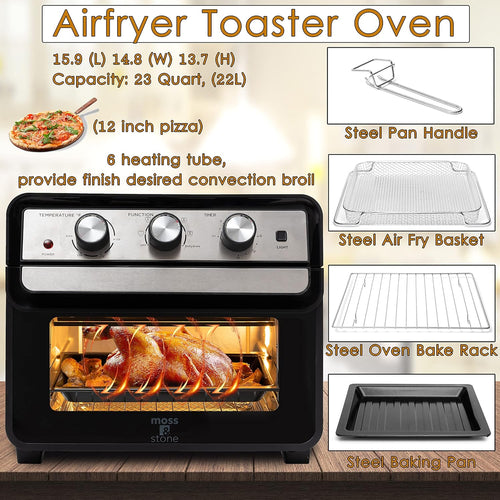 Moss & Stone Air Fryer Oven, 6-in-1 Toaster Oven 23 Quart, Airfryer Toaster Oven For Roast, Bake, Broil, Stainless Steel Accessories Included, Black Convection Oven Countertop.