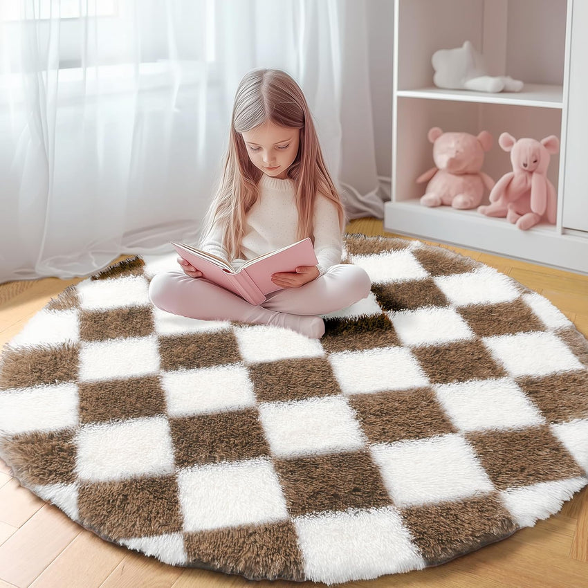KICMOR Navy Blue and Cream White Rugs for Living Room, 4x6 Fluffy Fuzzy Shag Checkered Rug Shaggy Carpet for Bedroom, Soft Plush Area Rug for Nursery Toddler Room Classroom Study Room Kids Room