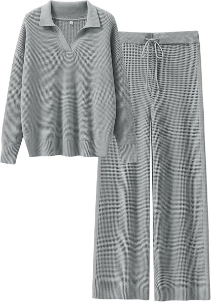 ANRABESS Women Two Piece Outfits Sweater Sets Lounge Waffle Knit Pullover Matching Wide Leg Pants Tracksuit 2025 Fall Fashion
