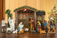 Fovths 17 Pieces Lighted Nativity Christmas Nativity Stable Manger Religious Nativity Stable Manger Figurine Resin Decor for Deluxe Edition Led Nativity Tabletop Holiday Centerpieces Decor, 7 Inch