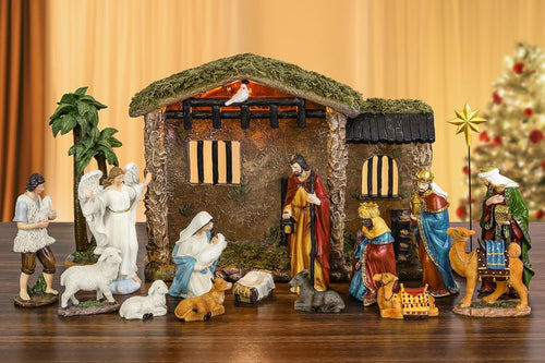 Fovths 17 Pieces Lighted Nativity Christmas Nativity Stable Manger Religious Nativity Stable Manger Figurine Resin Decor for Deluxe Edition Led Nativity Tabletop Holiday Centerpieces Decor, 7 Inch