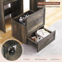 Vanity Desk with Mirror and Lights, Compact Makeup Table w/Storage Drawers & Shelves, Farmhouse Vanity Table with Hidden Chair for Bedroom, Gift for Girls Lady, Rustic Brown