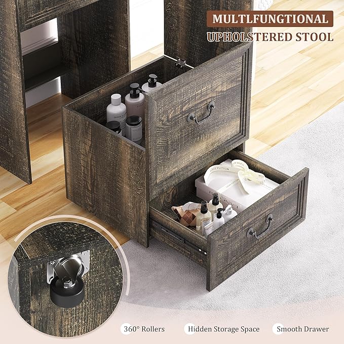 Compact Vanity with Hidden Chair | Mini Dorm Organizers and Storage Dressing Table Desk Gift for Girls Lady with 2 Large Drawers Shelves Mirror Lights for Small Bedroom (White)