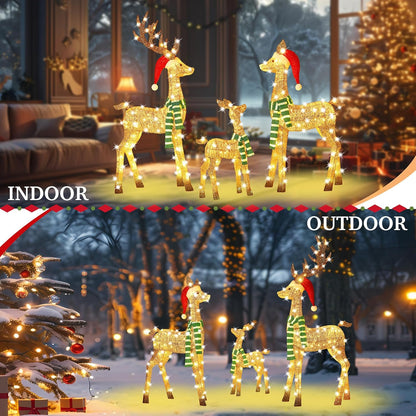 58 Inch 3D Gold Large Lighted Christmas Deer Decorations 3-Piece Outdoor Holiday Decorations Reindeer Set with 210 Warm White LEDs, Large Yard Display for Garden, Storefront