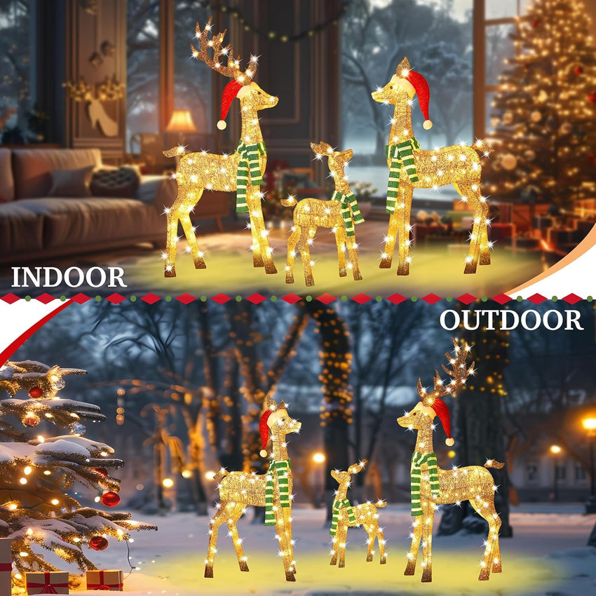 58 Inch 3D Gold Large Lighted Christmas Deer Decorations 3-Piece Outdoor Holiday Decorations Reindeer Set with 210 Warm White LEDs, Large Yard Display for Garden, Storefront