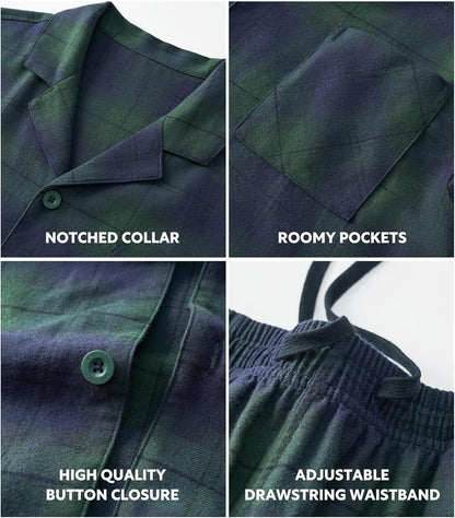 DAVID ARCHY Men's Pajamas Set Flannel Pjs Sets Ultra-Soft Cotton Pajamas for Men Classic Plaid Lounge Set with Roomy Pockets