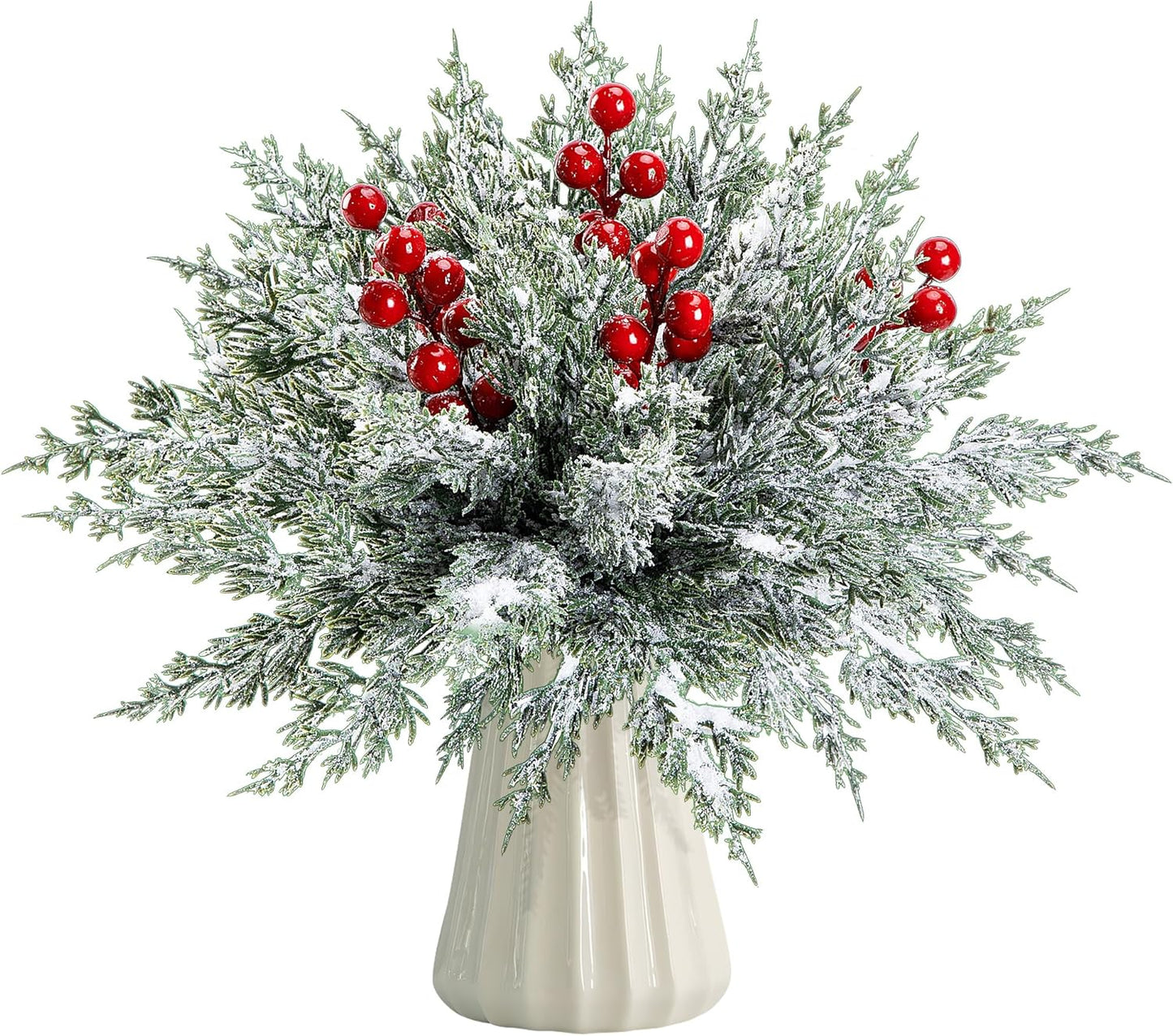 Watayo 45 Pcs Christmas Artificial Pine Branches with Red Berry Stems, 10.5" Faux Evergreen Norfolk Pine Cypress Leaves Stems, Fake Foliage Pine Needles Picks for DIY Craft Garland Home Decor