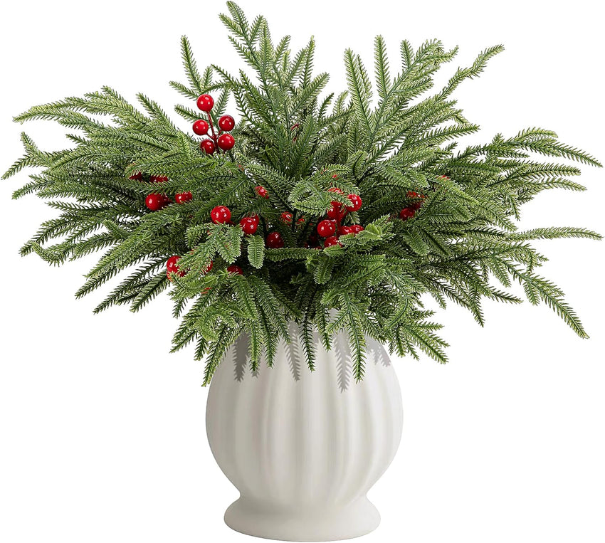 Watayo 45 Pcs Christmas Artificial Pine Branches with Red Berry Stems, 10.5" Faux Evergreen Norfolk Pine Cypress Leaves Stems, Fake Foliage Pine Needles Picks for DIY Craft Garland Home Decor