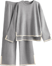 Tanming Women's 2 Piece Outfits Long Sleeve Knit Sweater Top Wide Leg Pants Lounge Sets Tracksuits