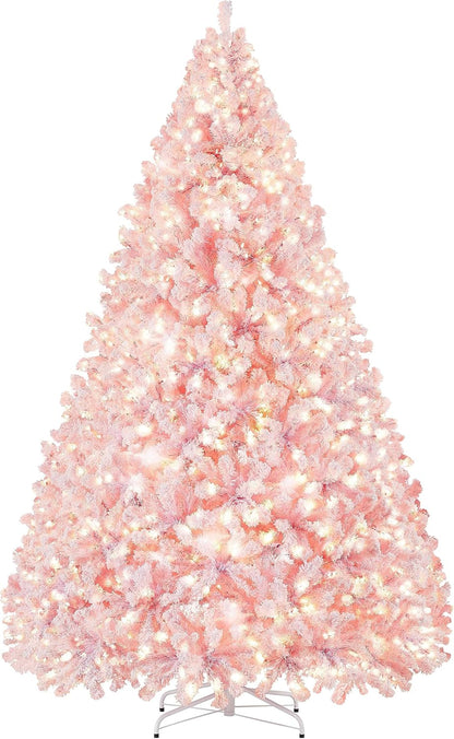 Yaheetech 6ft Snow Flocked Pre-lit Christmas Tree with 250 Warm White Lights, 820 Lush Branch Tips & Quick-Assembly Hinged Design, Full Artificial Xmas Tree for Winter Holiday Décor, Green & White