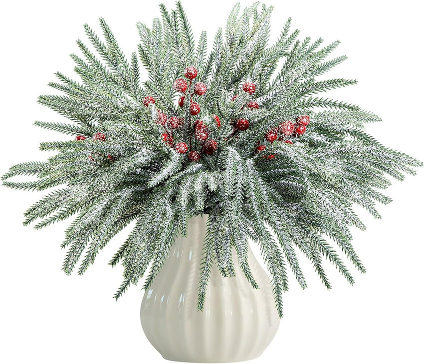 Watayo 45 Pcs Christmas Artificial Pine Branches with Red Berry Stems, 10.5" Faux Evergreen Norfolk Pine Cypress Leaves Stems, Fake Foliage Pine Needles Picks for DIY Craft Garland Home Decor