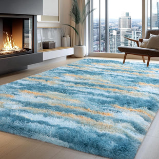 Blue Rugs for Bedroom, 4x6 Fluffy Fuzzy Modern Indoor Floor Rugs for Living Room, Soft Non-Slip Plush Shag Rug for Dorm Kids Room Home Decor, Blue Abstract