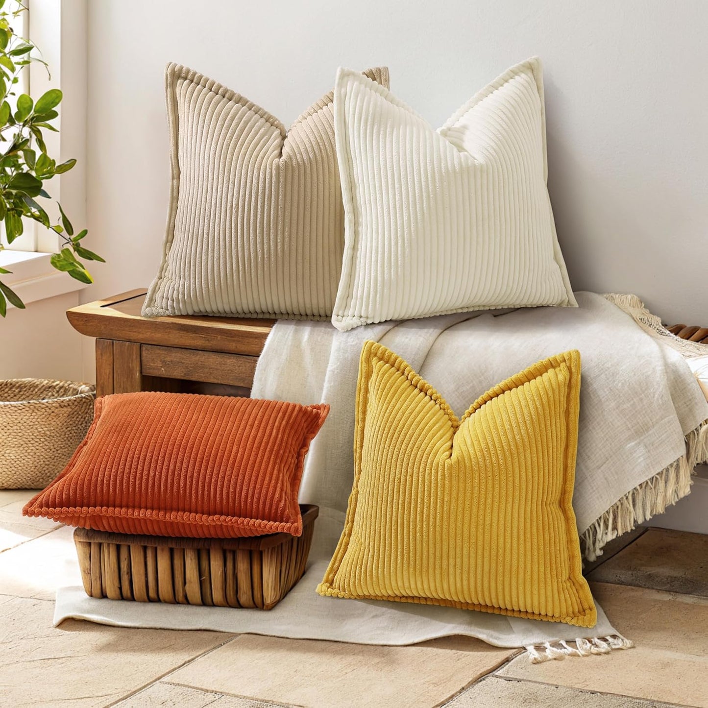 decorUhome Christmas Corduroy Cream White Throw Pillow Covers 18x18 Set of 2 Decorative Soft Boho Farmhouse Euro Couch Pillow Covers for Living Room Bed Sofa Broadside Striped Pillow Cases