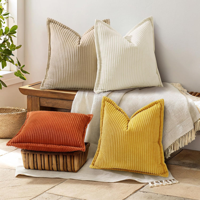 decorUhome Christmas Corduroy Cream White Throw Pillow Covers 18x18 Set of 2 Decorative Soft Boho Farmhouse Euro Couch Pillow Covers for Living Room Bed Sofa Broadside Striped Pillow Cases