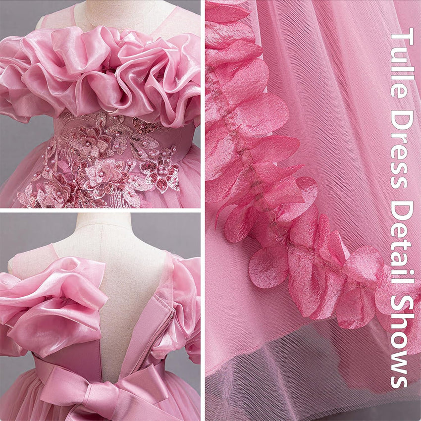 Girl's Princess Dress, Birthday Party, Pageant Gown - Ruffle Tulle Satin Princess Dresses with Kids Train