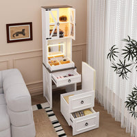 Compact Vanity with Hidden Chair | Mini Dorm Organizers and Storage Dressing Table Desk Gift for Girls Lady with 2 Large Drawers Shelves Mirror Lights for Small Bedroom (White)