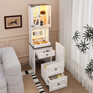 Compact Vanity with Hidden Chair | Mini Dorm Organizers and Storage Dressing Table Desk Gift for Girls Lady with 2 Large Drawers Shelves Mirror Lights for Small Bedroom (White)