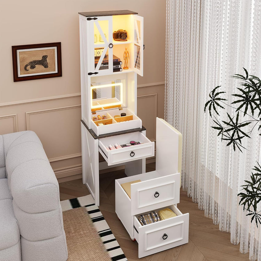 Compact Vanity with Hidden Chair | Mini Dorm Organizers and Storage Dressing Table Desk Gift for Girls Lady with 2 Large Drawers Shelves Mirror Lights for Small Bedroom (White)