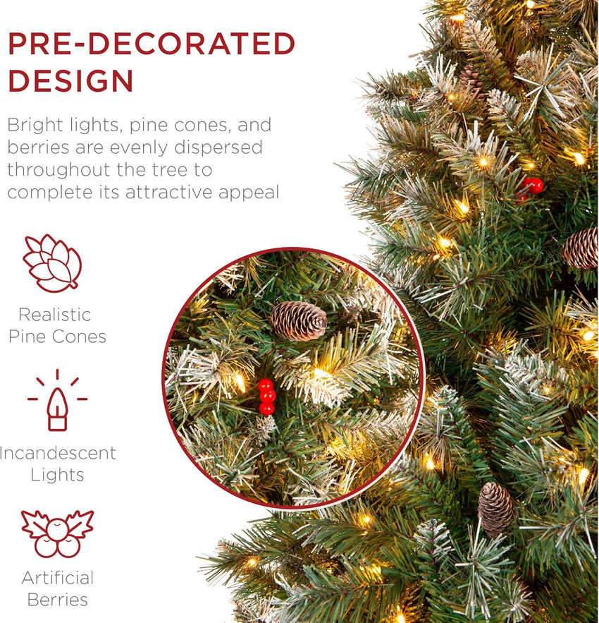 Best Choice Products Christmas Tree Pre-Lit, Pre-Decorated Artificial 6ft Frosted Pine Holiday Decoration w/Frosted Tips, Pine Cones, Berries