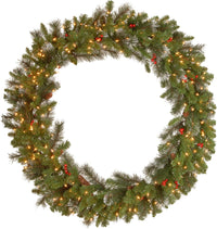 National Tree Company 24 in Pre-Lit Crestwood Spruce Artificial Christmas Wreath, Christmas Decoration with Glitter, Pinecones, Red Berries, 50 Clear LED Lights, 160 Tips, Timer, Green