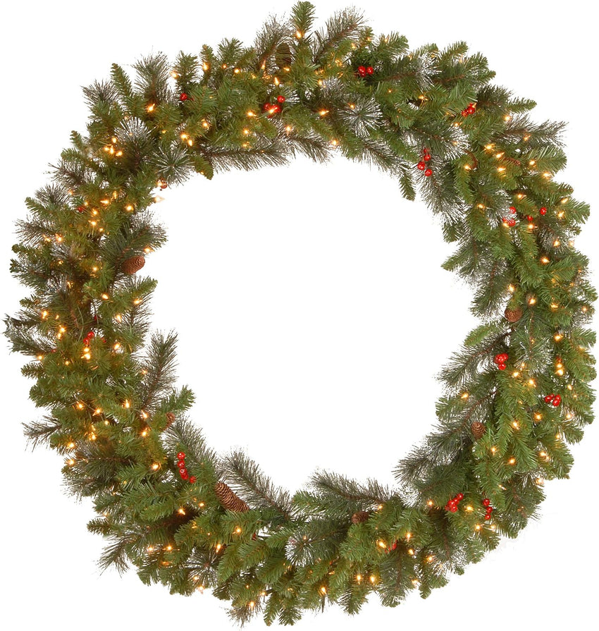 National Tree Company 24 in Pre-Lit Crestwood Spruce Artificial Christmas Wreath, Christmas Decoration with Glitter, Pinecones, Red Berries, 50 Clear LED Lights, 160 Tips, Timer, Green