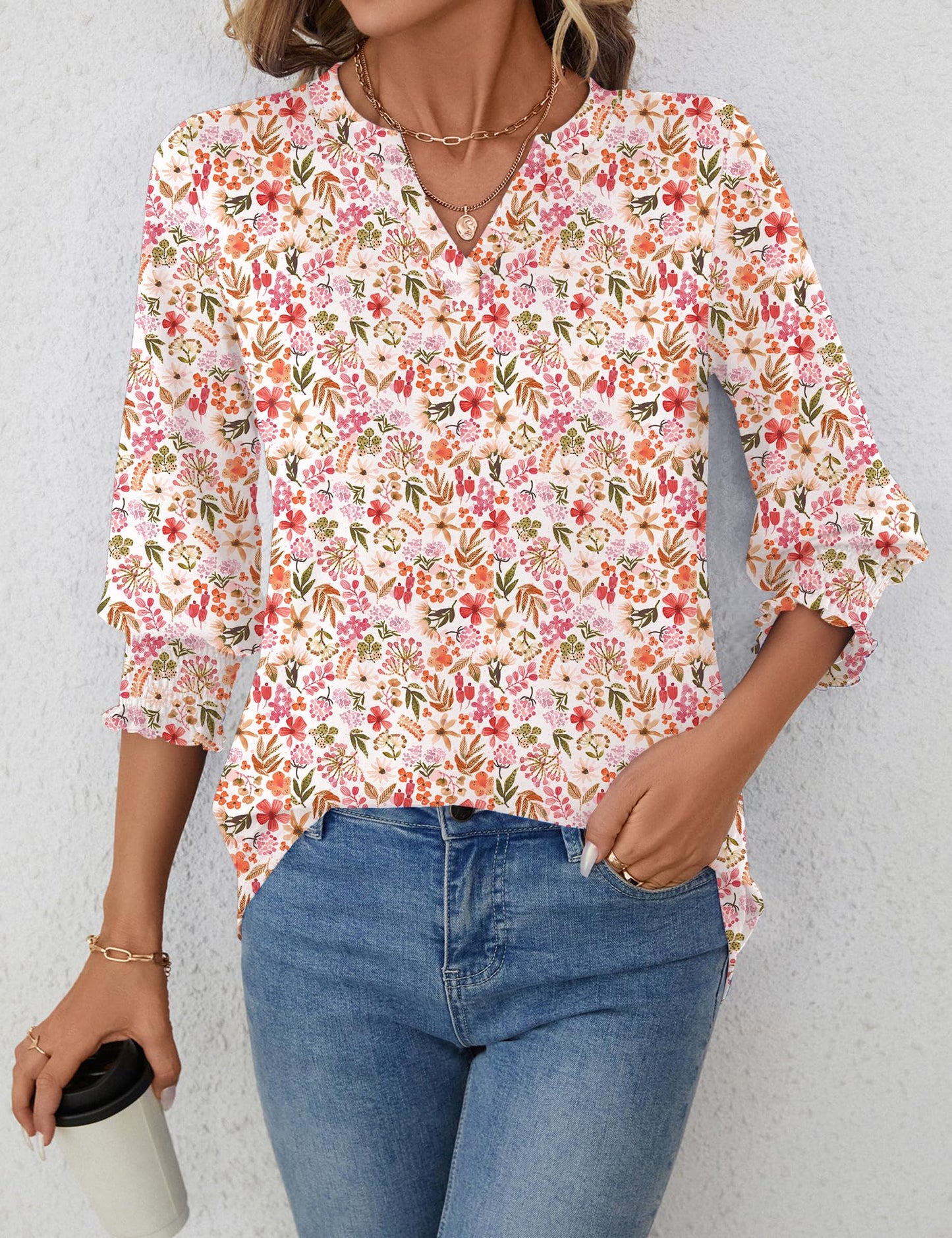 LOMON Blouses for Women Dressy Casual 3/4 Sleeve Tops for Women V Neck T Shirt Ladies Tops and Blouses Orange Blue Print L