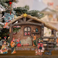 Christmas Nativity Stable, Christmas Decoration Resin Nativity Scene, Hand Painted Jesus Birth Manger Figurines with LED Light, Classic Xmas Table Ornaments for Holiday Indoor Tabletop Fireplace Gift