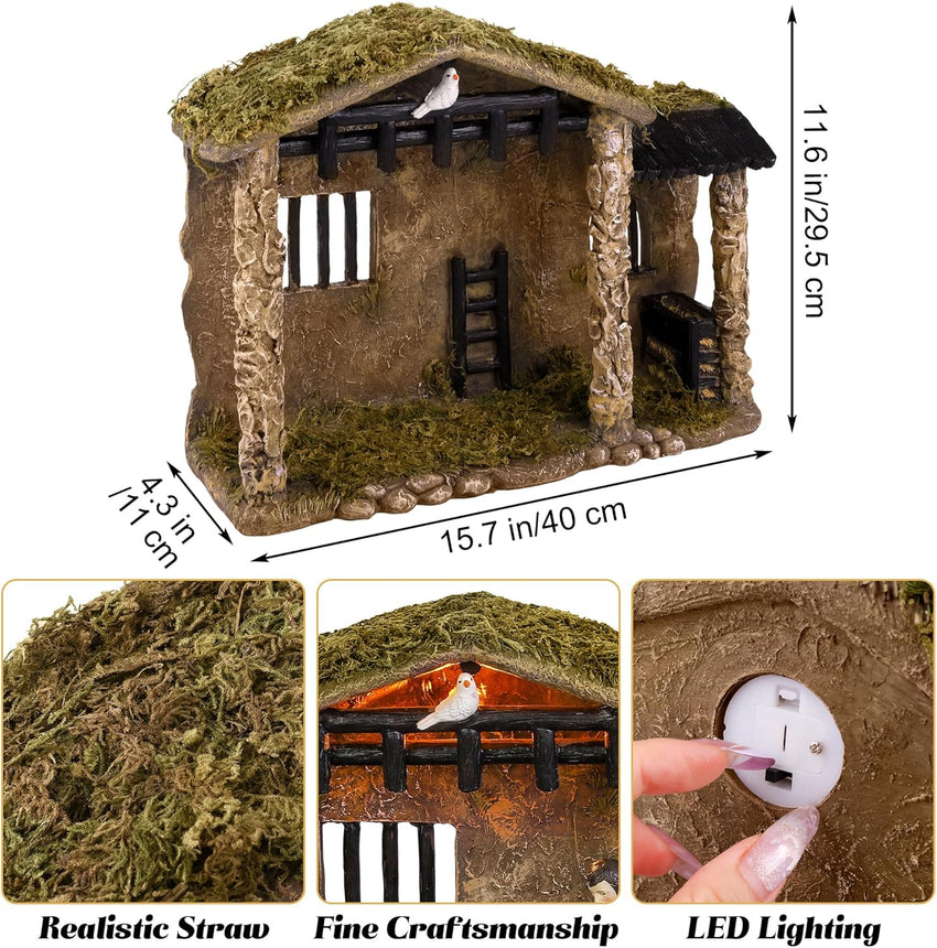 Fovths 17 Pieces Lighted Nativity Christmas Nativity Stable Manger Religious Nativity Stable Manger Figurine Resin Decor for Deluxe Edition Led Nativity Tabletop Holiday Centerpieces Decor, 7 Inch