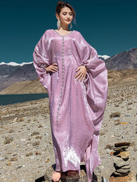 Elegant Butterfly Shine Abaya Dress, Dusty Rose, V-Neck Muslim Dress with Crystal Hand Beading, Kaftan Style, One-Size
