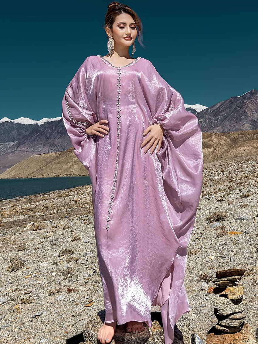 Elegant Butterfly Shine Abaya Dress, Dusty Rose, V-Neck Muslim Dress with Crystal Hand Beading, Kaftan Style, One-Size