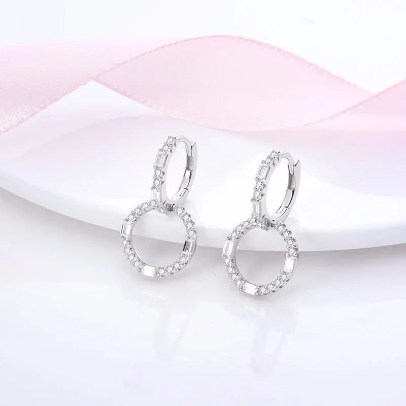 925 Silver Ear Jewelry Hollow Circle Shiny Zircon Inlaid Dangle Earrings Elegant Style Daily Casual Chain Wedding Ladies' Gifts - 7DAY'S