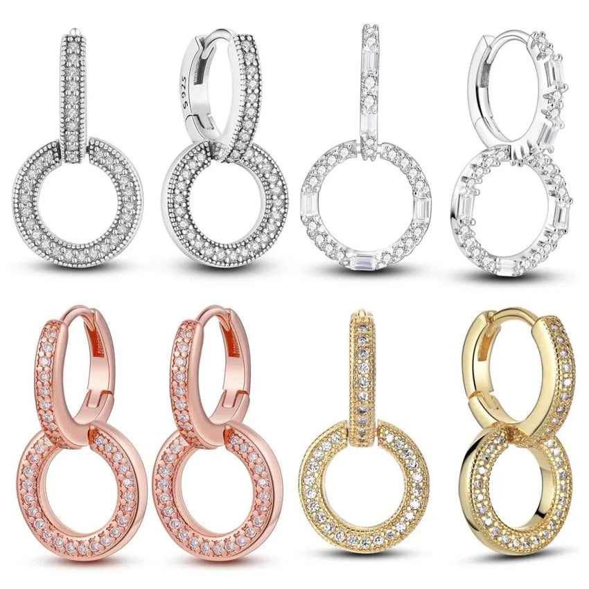 925 Silver Ear Jewelry Hollow Circle Shiny Zircon Inlaid Dangle Earrings Elegant Style Daily Casual Chain Wedding Ladies' Gifts - 7DAY'S