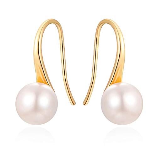 925 Sterling Silver Hoop Handpicked AAA+ Quality 7.5 - 8mm White Freshwater Cultured Pearl Dangle Drop Earrings Jewelry for Women Girls - 7DAY'S