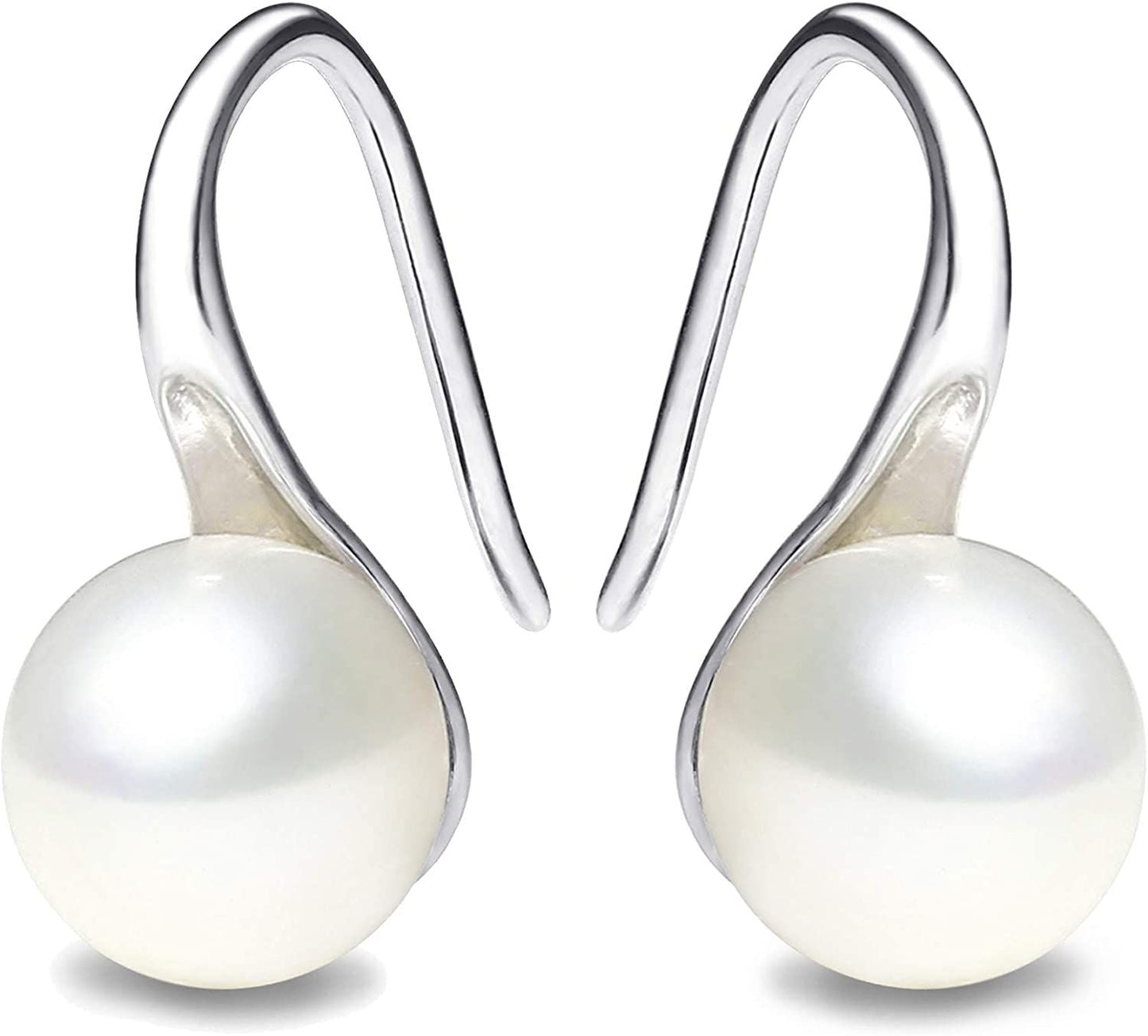 925 Sterling Silver Hoop Handpicked AAA+ Quality 7.5 - 8mm White Freshwater Cultured Pearl Dangle Drop Earrings Jewelry for Women Girls - 7DAY'S