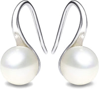 925 Sterling Silver Hoop Handpicked AAA+ Quality 7.5 - 8mm White Freshwater Cultured Pearl Dangle Drop Earrings Jewelry for Women Girls - 7DAY'S