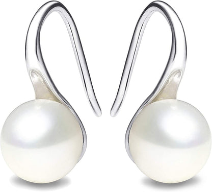 925 Sterling Silver Hoop Handpicked AAA+ Quality 7.5 - 8mm White Freshwater Cultured Pearl Dangle Drop Earrings Jewelry for Women Girls - 7DAY'S