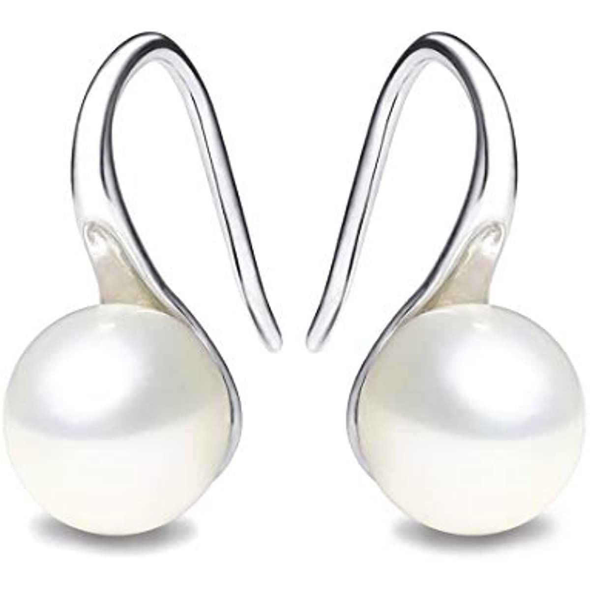 925 Sterling Silver Hoop Handpicked AAA+ Quality 7.5 - 8mm White Freshwater Cultured Pearl Dangle Drop Earrings Jewelry for Women Girls - 7DAY'S