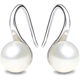 925 Sterling Silver Hoop Handpicked AAA+ Quality 7.5 - 8mm White Freshwater Cultured Pearl Dangle Drop Earrings Jewelry for Women Girls - 7DAY'S