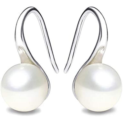 925 Sterling Silver Hoop Handpicked AAA+ Quality 7.5 - 8mm White Freshwater Cultured Pearl Dangle Drop Earrings Jewelry for Women Girls - 7DAY'S