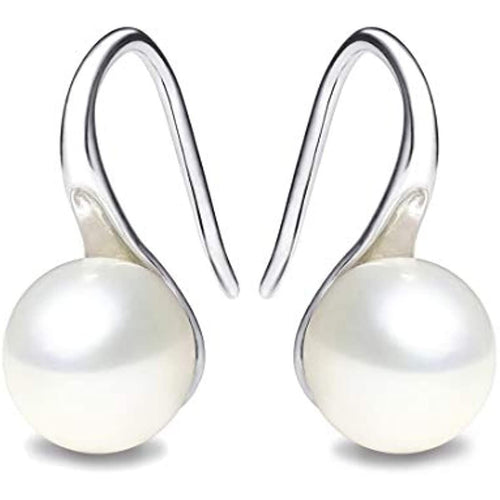 925 Sterling Silver Hoop Handpicked AAA+ Quality 7.5 - 8mm White Freshwater Cultured Pearl Dangle Drop Earrings Jewelry for Women Girls - 7DAY'S