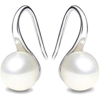 925 Sterling Silver Hoop Handpicked AAA+ Quality 7.5 - 8mm White Freshwater Cultured Pearl Dangle Drop Earrings Jewelry for Women Girls - 7DAY'S