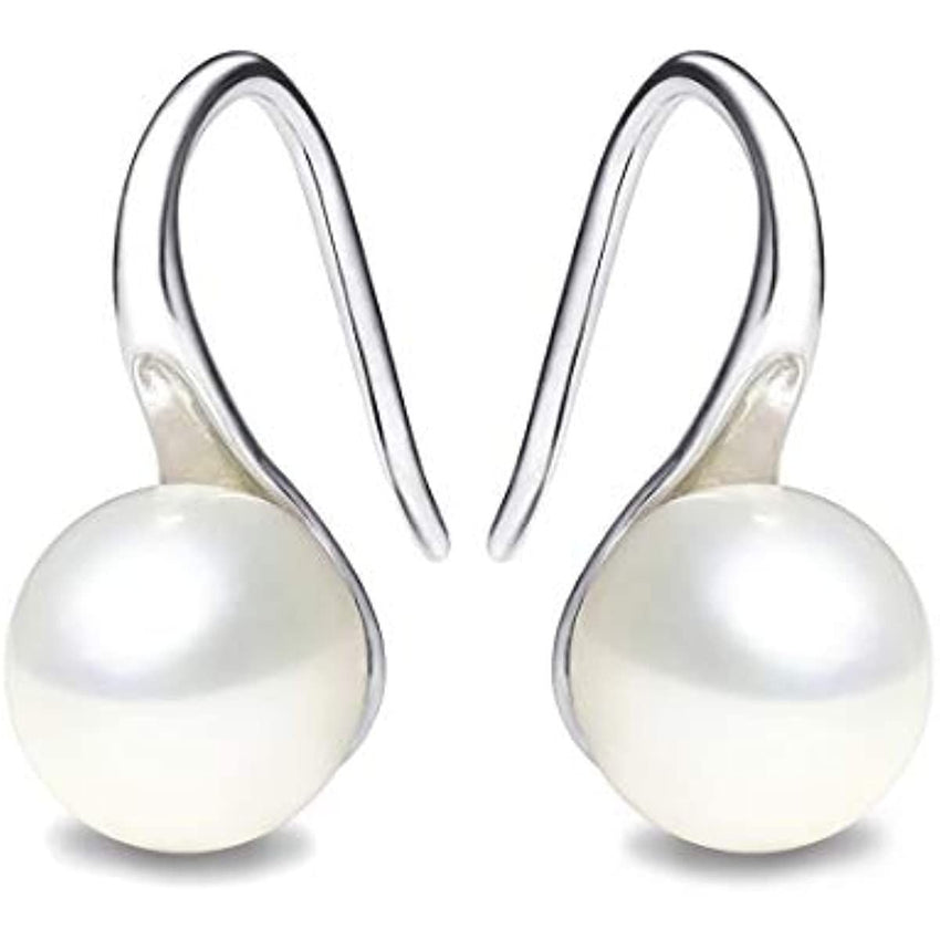 925 Sterling Silver Hoop Handpicked AAA+ Quality 7.5 - 8mm White Freshwater Cultured Pearl Dangle Drop Earrings Jewelry for Women Girls - 7DAY'S