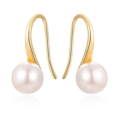 925 Sterling Silver Hoop Handpicked AAA+ Quality 7.5 - 8mm White Freshwater Cultured Pearl Dangle Drop Earrings Jewelry for Women Girls - 7DAY'S